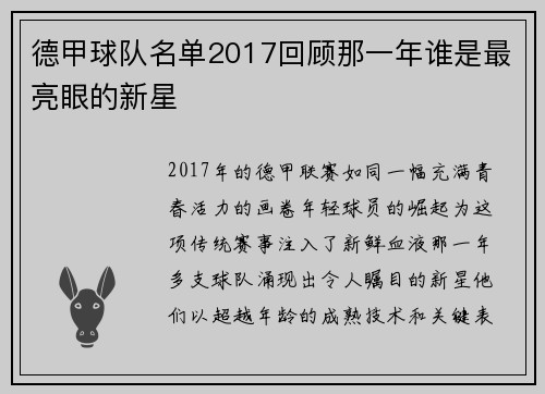 德甲球队名单2017回顾那一年谁是最亮眼的新星